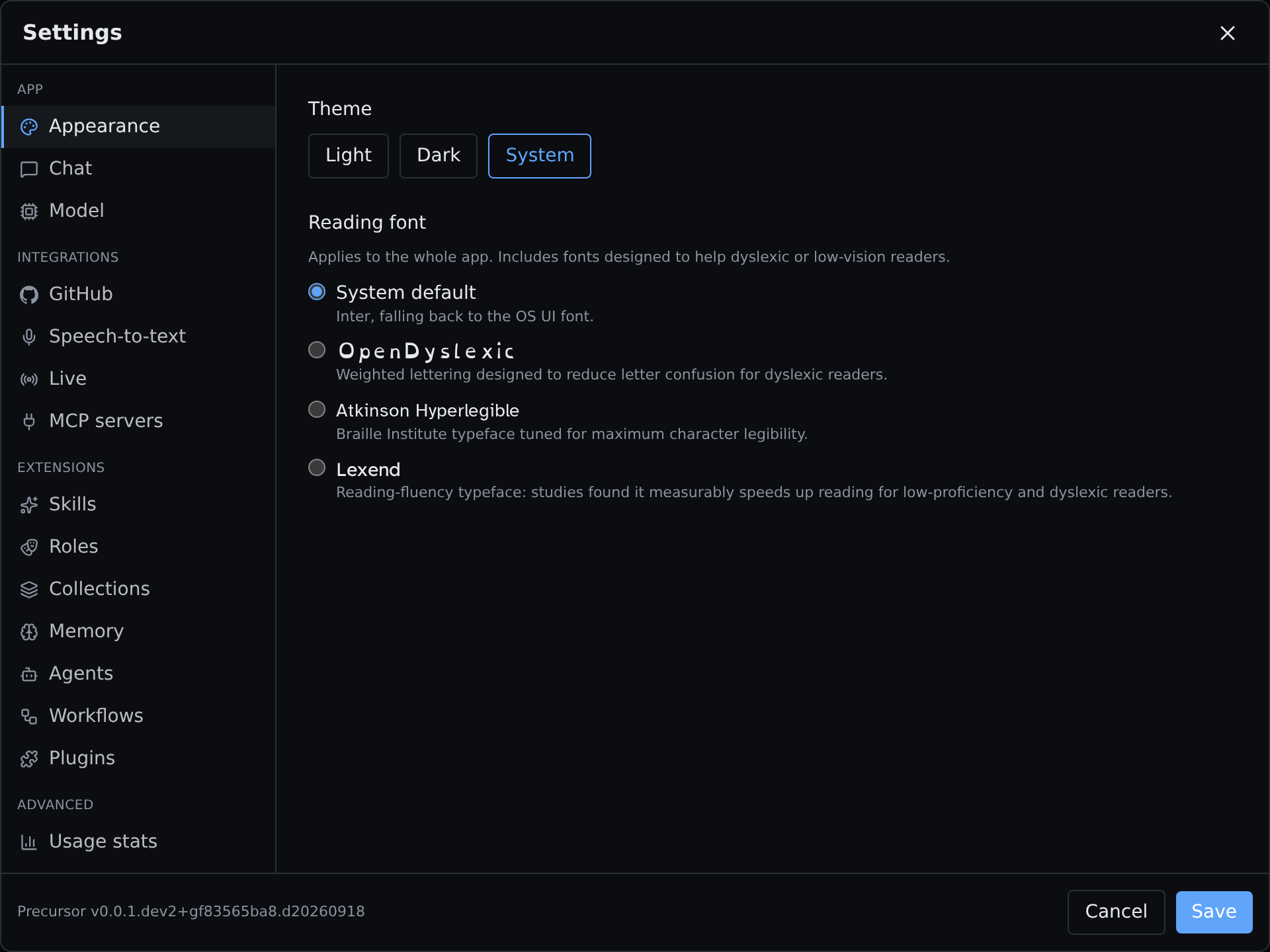 Settings → Appearance showing the theme toggle and the reading-font picker with System default, OpenDyslexic, Atkinson Hyperlegible and Lexend options, each previewed in its own font