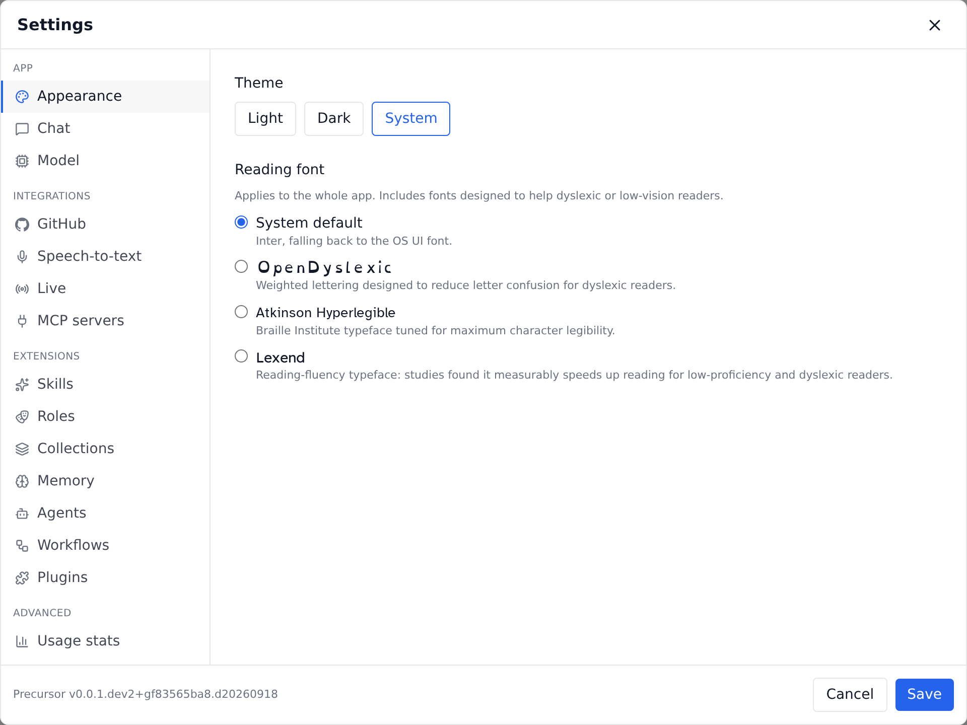 Settings → Appearance showing the theme toggle and the reading-font picker with System default, OpenDyslexic, Atkinson Hyperlegible and Lexend options, each previewed in its own font