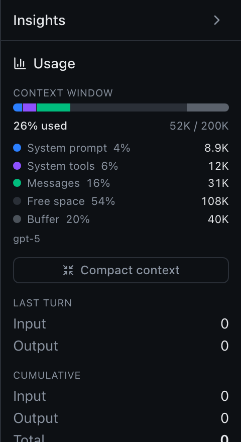 The agent Insights panel with the same segmented context window bar and legend