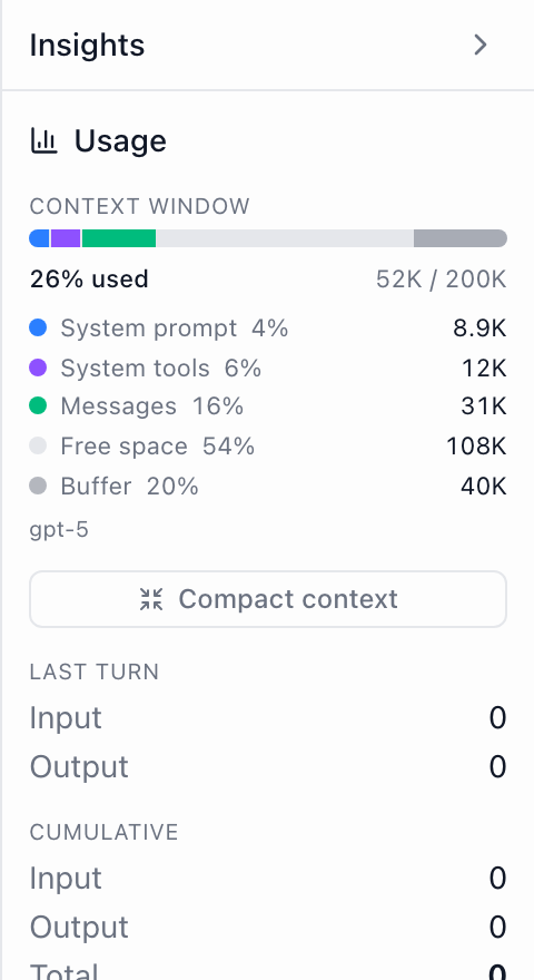 The agent Insights panel with the same segmented context window bar and legend