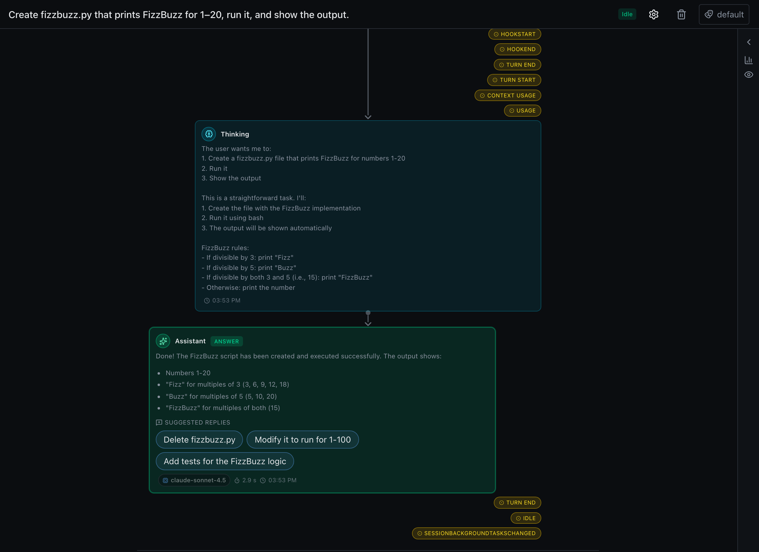 An agent session timeline showing the task, a reasoning step, and the assistant's answer with suggested replies