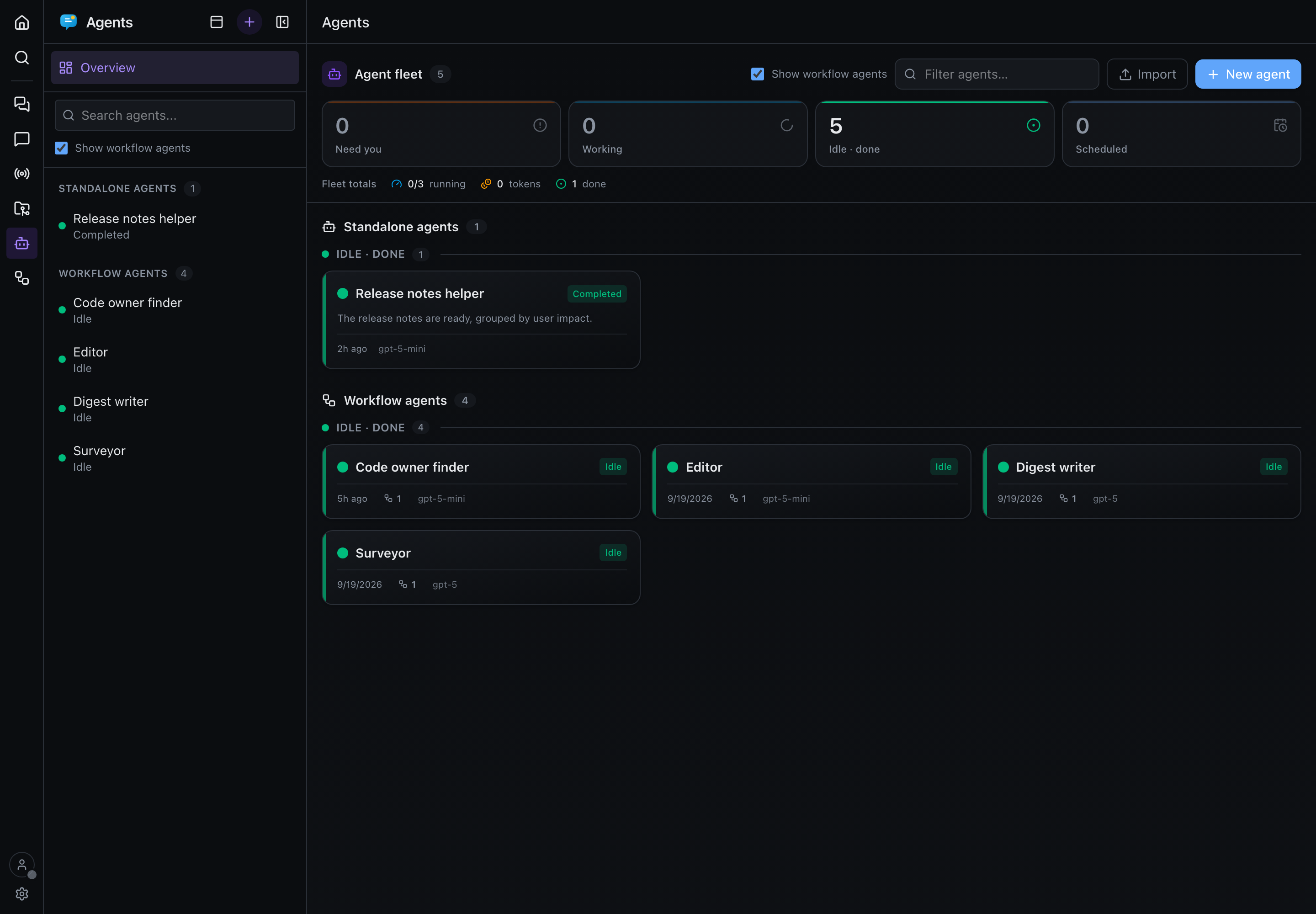 The agent fleet overview with monitoring cards beside a searchable agent sidebar