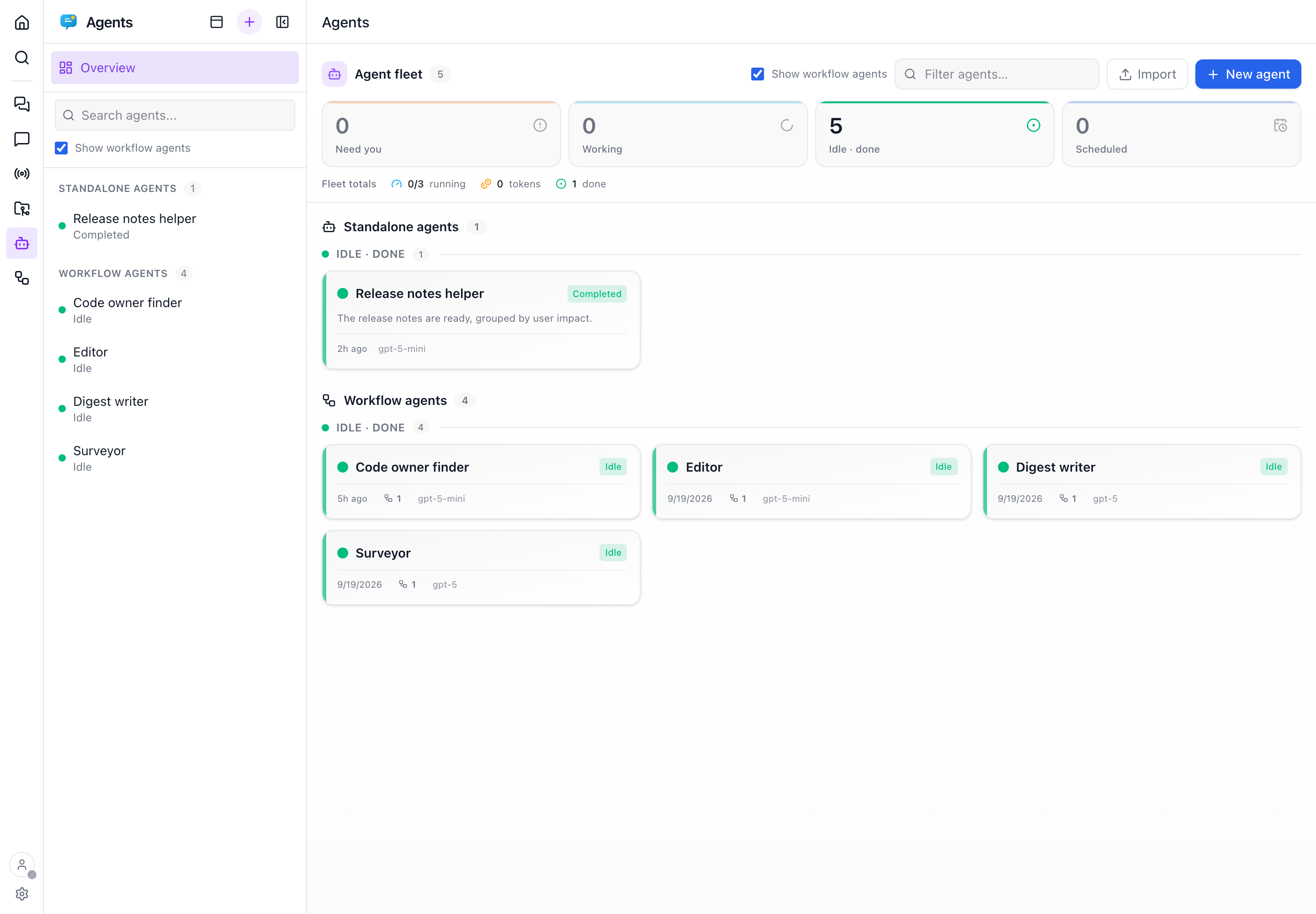 The agent fleet overview with monitoring cards beside a searchable agent sidebar