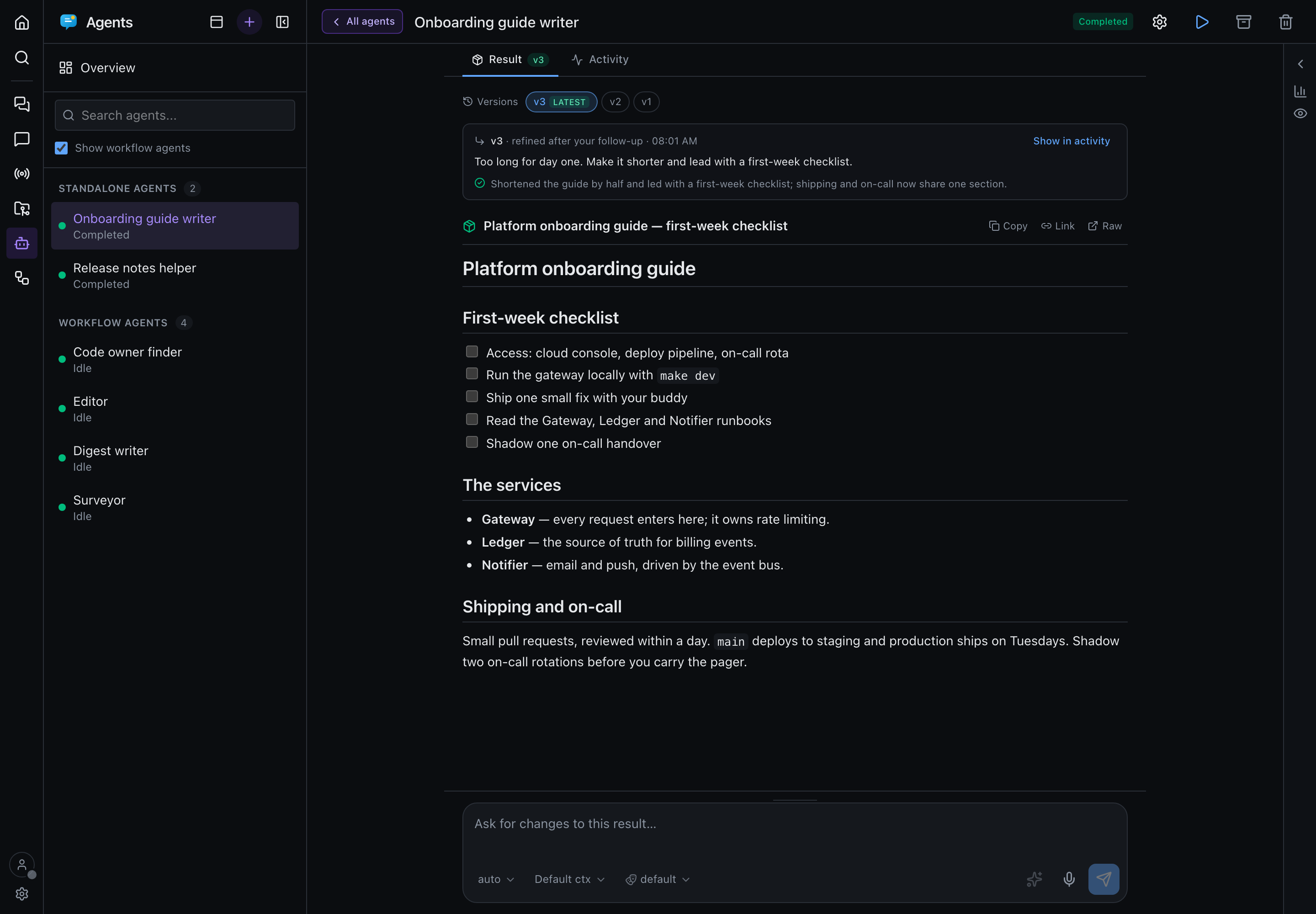An agent's Result tab showing version 3 of an onboarding guide, a version rail with v3 (latest), v2 and v1, the follow-up prompt that produced it and the agent's summary of the change