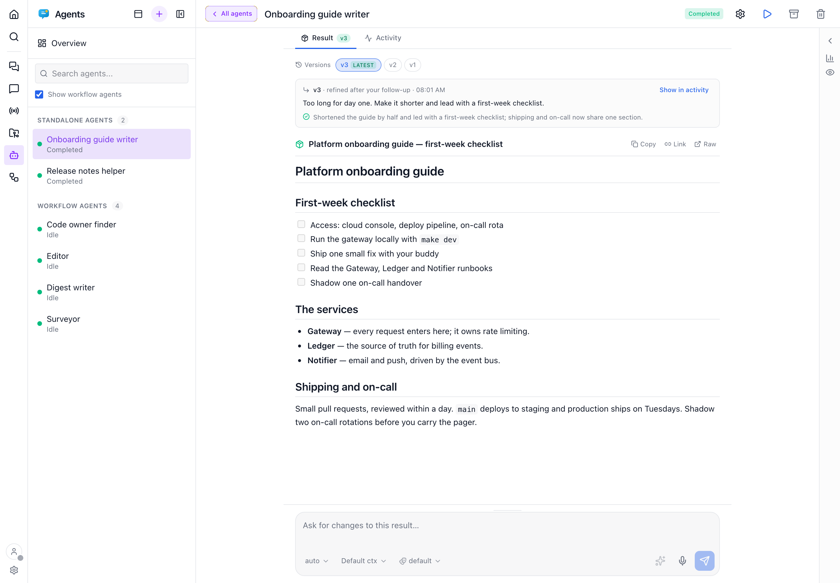 An agent's Result tab showing version 3 of an onboarding guide, a version rail with v3 (latest), v2 and v1, the follow-up prompt that produced it and the agent's summary of the change