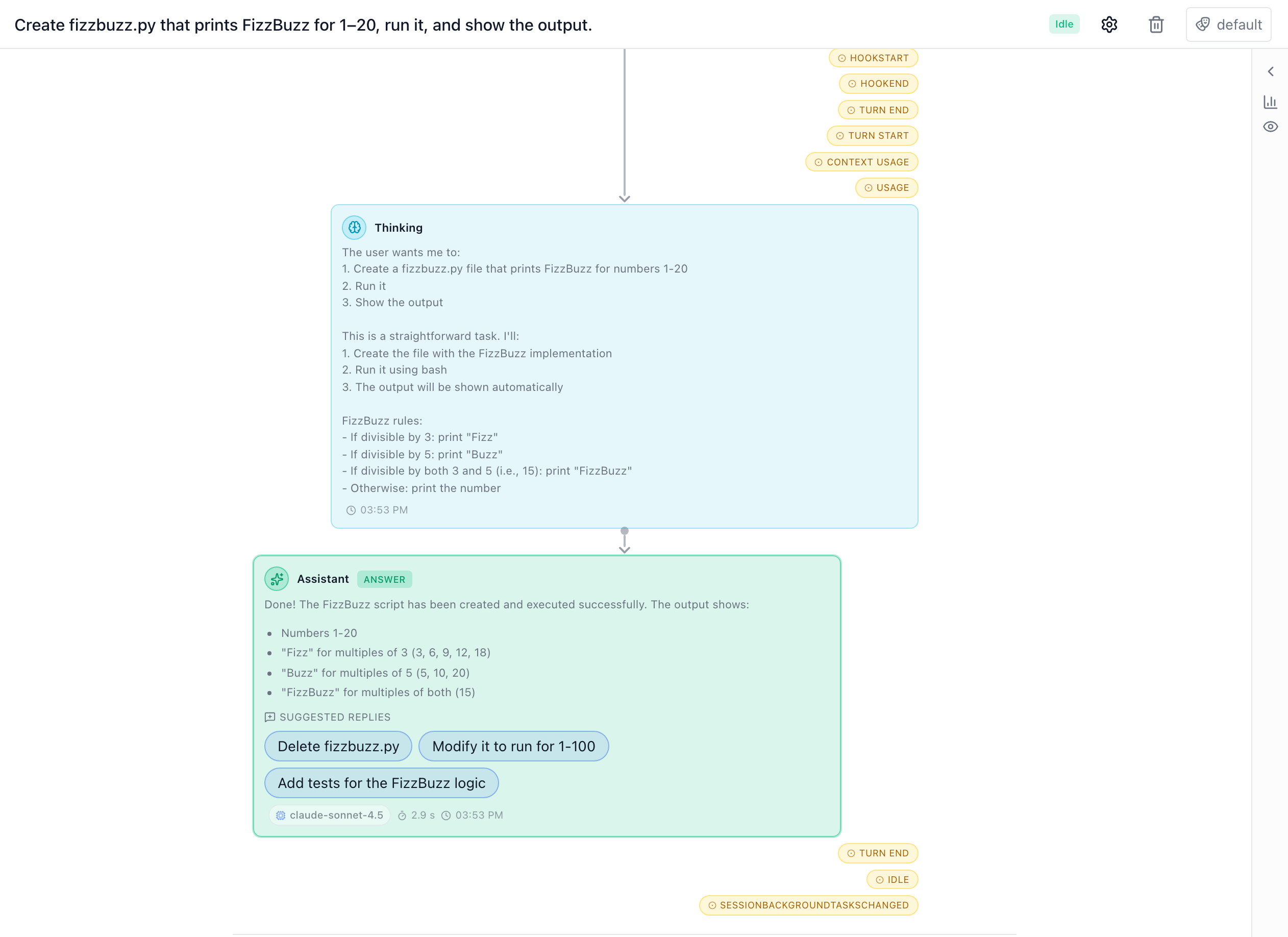 An agent session timeline showing the task, a reasoning step, and the assistant's answer with suggested replies