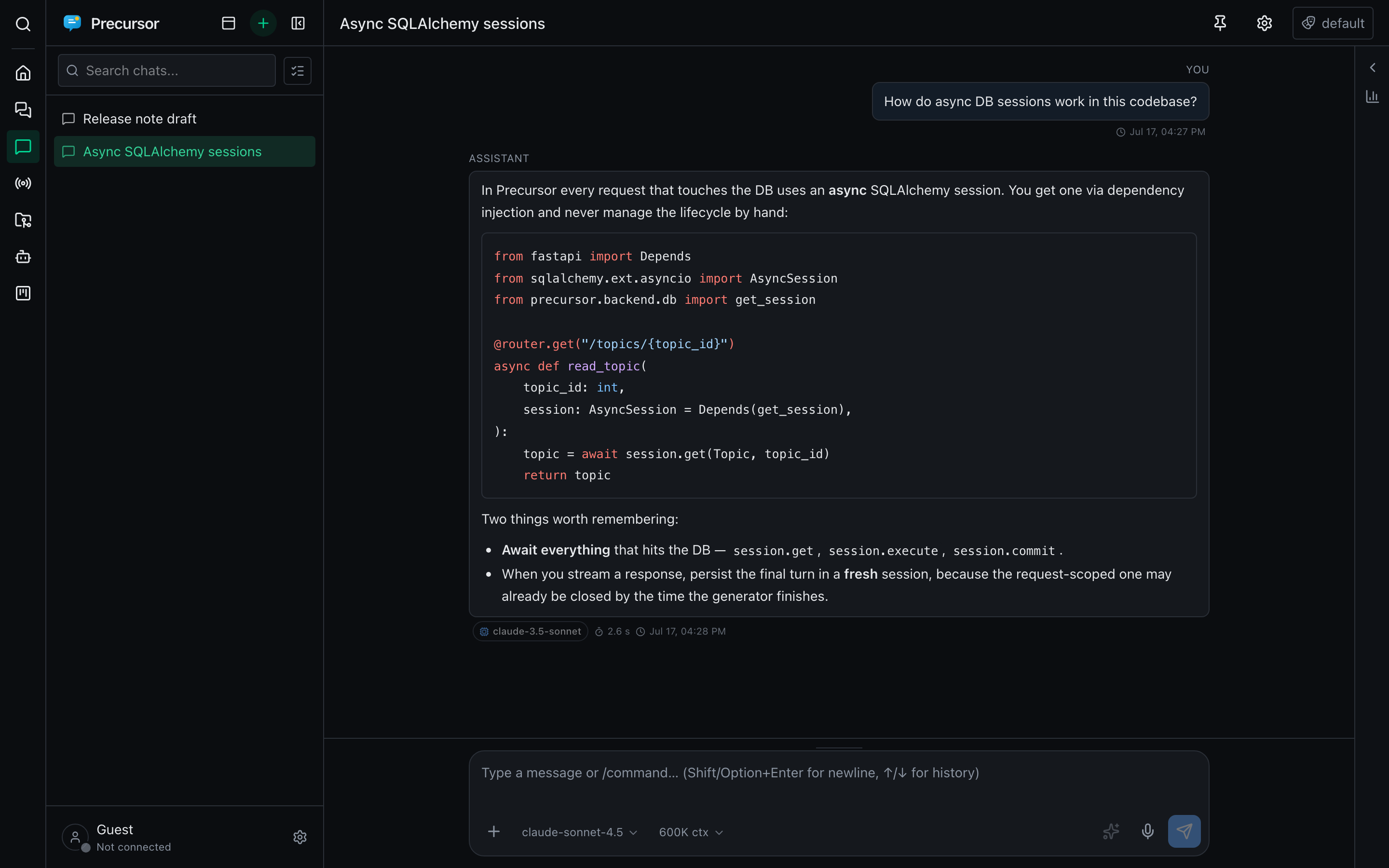 A quick chat with a streamed markdown reply and a mermaid diagram