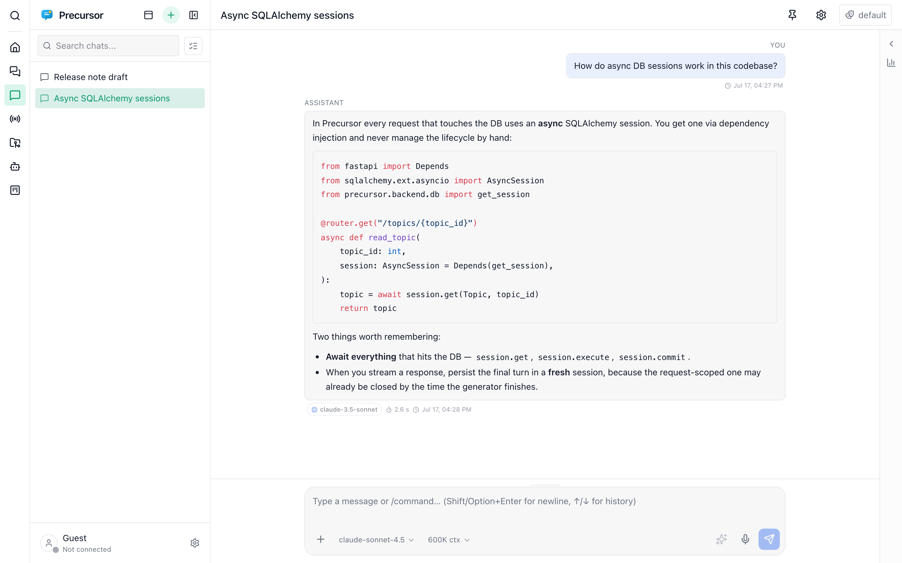 A quick chat with a streamed markdown reply and a mermaid diagram