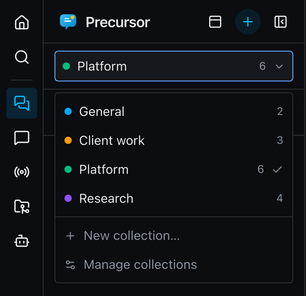 The collection switcher open at the top of the Topics sidebar, listing four collections with their topic counts, plus New collection and Manage collections actions