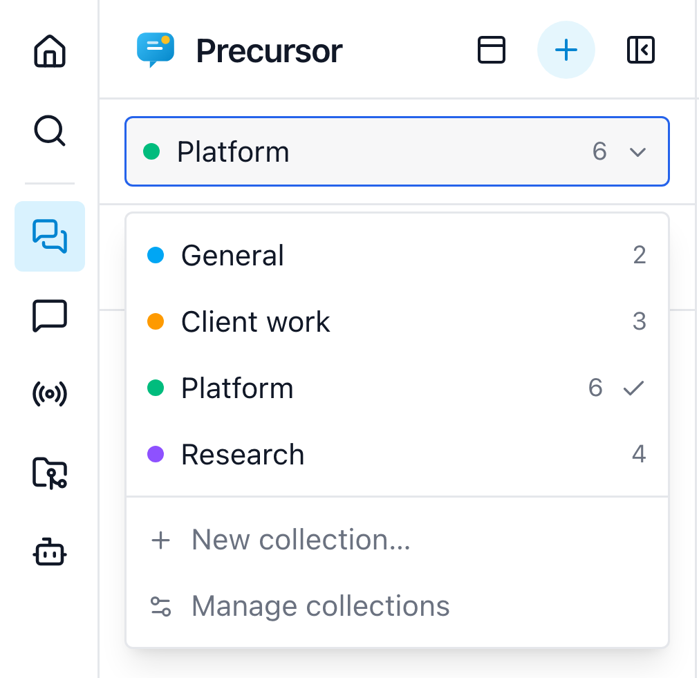 The collection switcher open at the top of the Topics sidebar, listing four collections with their topic counts, plus New collection and Manage collections actions