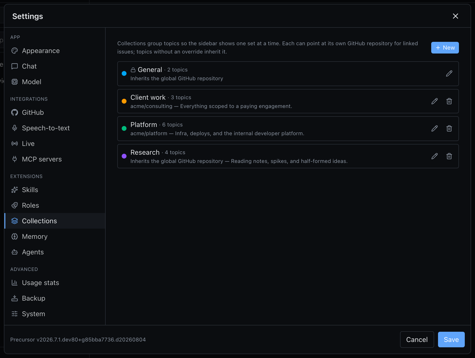 The Collections tab in Settings, listing General, Client work, Platform and Research with their topic counts and GitHub repository overrides