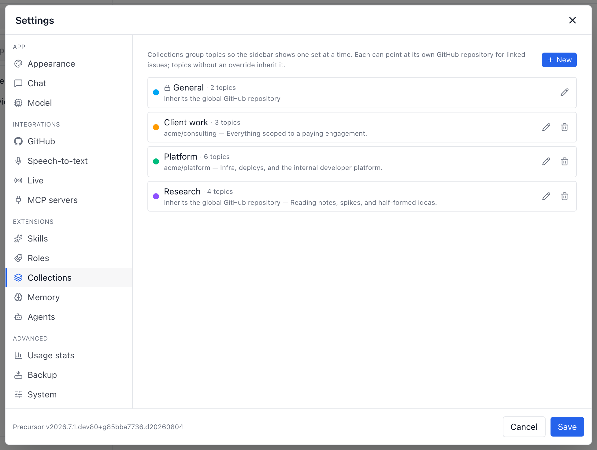 The Collections tab in Settings, listing General, Client work, Platform and Research with their topic counts and GitHub repository overrides