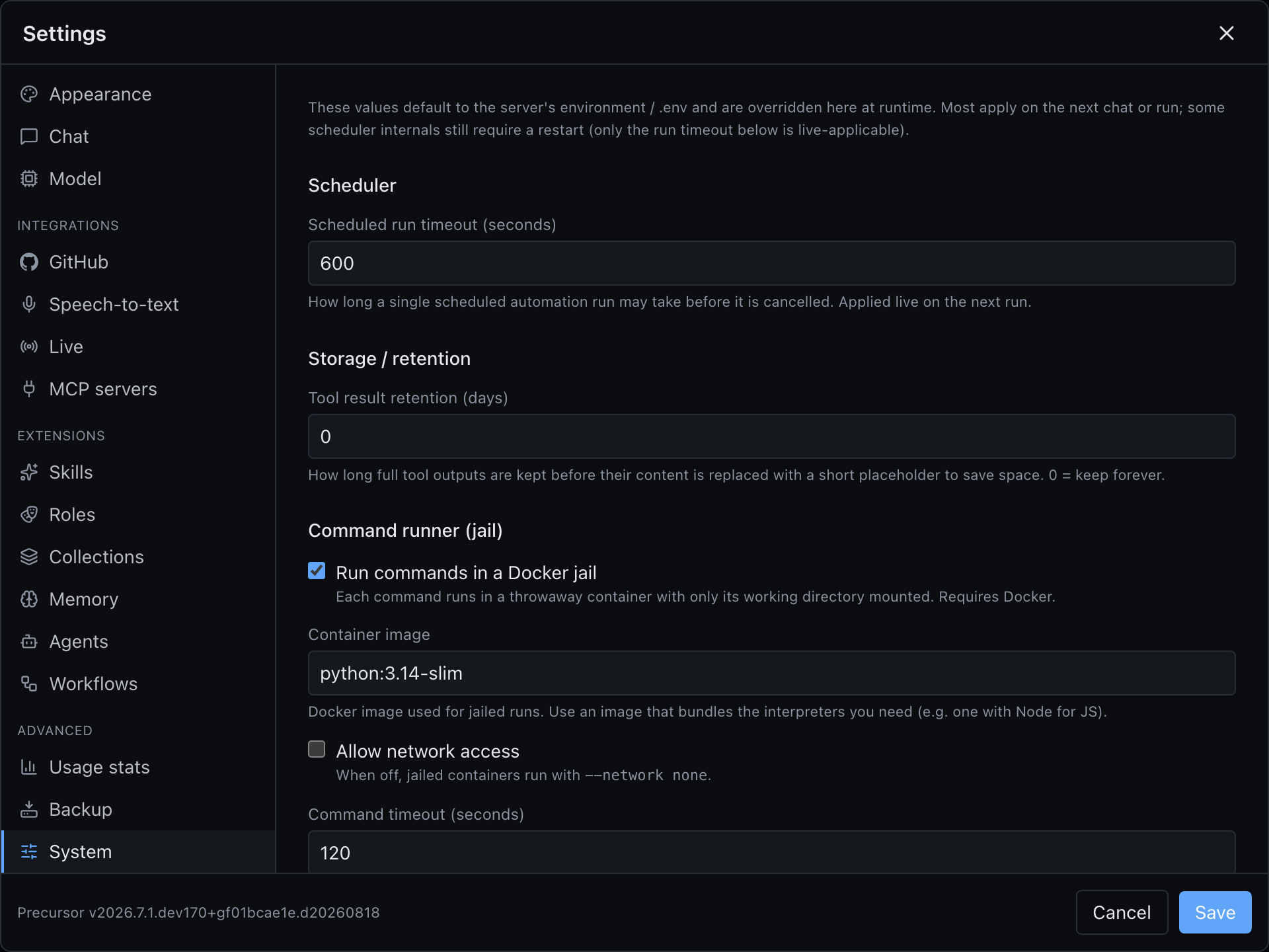 Settings → System showing the Command runner (jail) section: a Docker jail toggle, container image, network access toggle and command timeout
