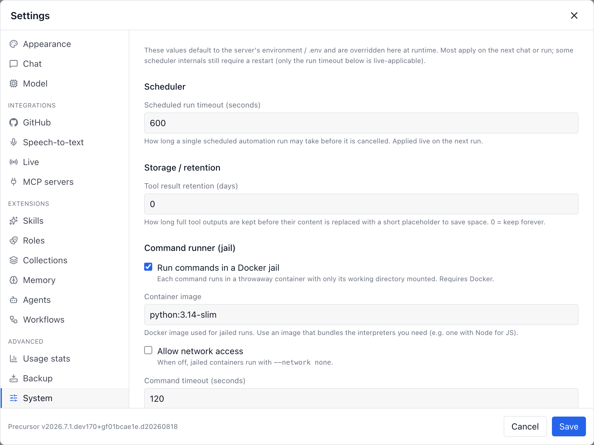 Settings → System showing the Command runner (jail) section: a Docker jail toggle, container image, network access toggle and command timeout