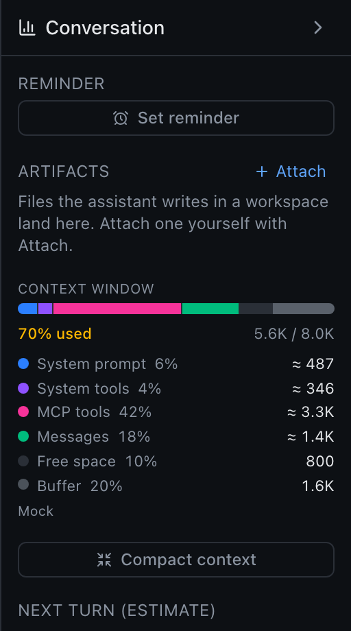The conversation stats panel with a segmented context window bar and a legend listing system prompt, system tools, MCP tools, messages, free space and buffer with their share and token count