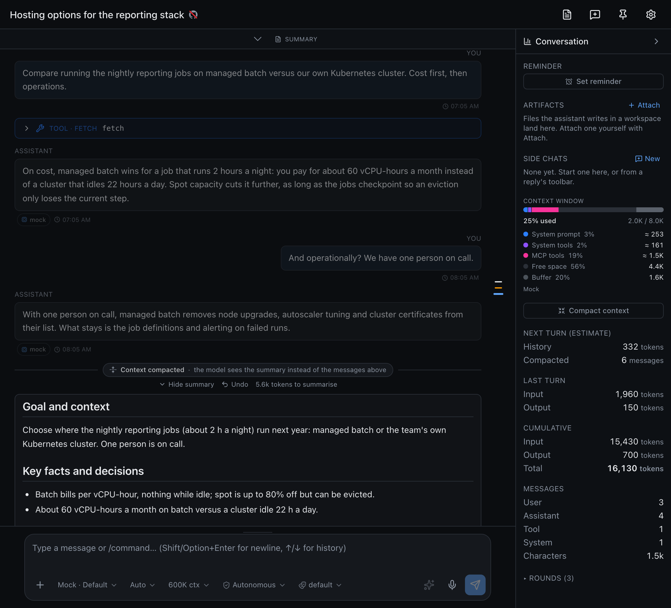 A topic transcript with a Context compacted divider, the older messages dimmed above it, and the conversation stats panel showing the context window bar and a Compact context button