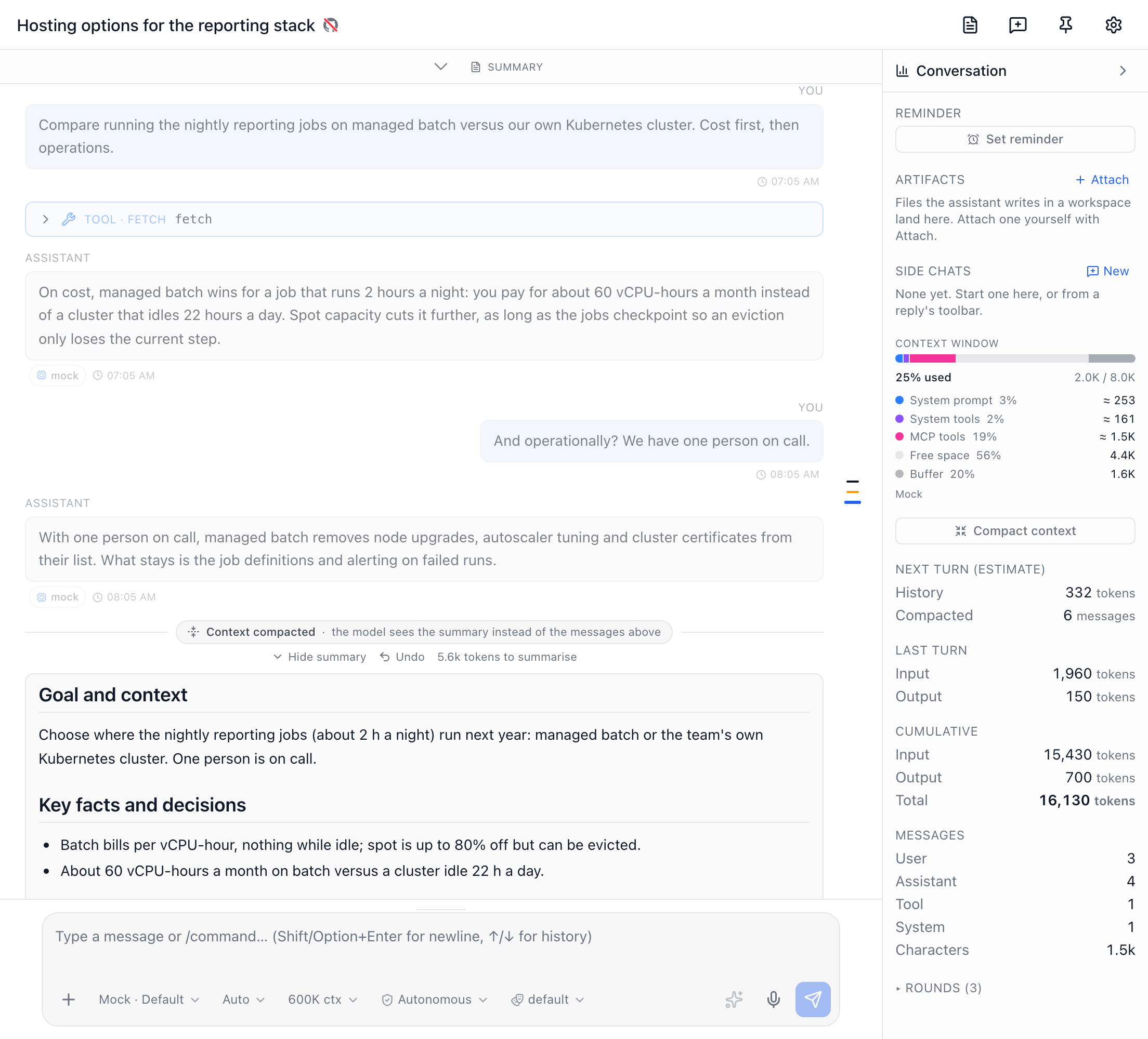 A topic transcript with a Context compacted divider, the older messages dimmed above it, and the conversation stats panel showing the context window bar and a Compact context button