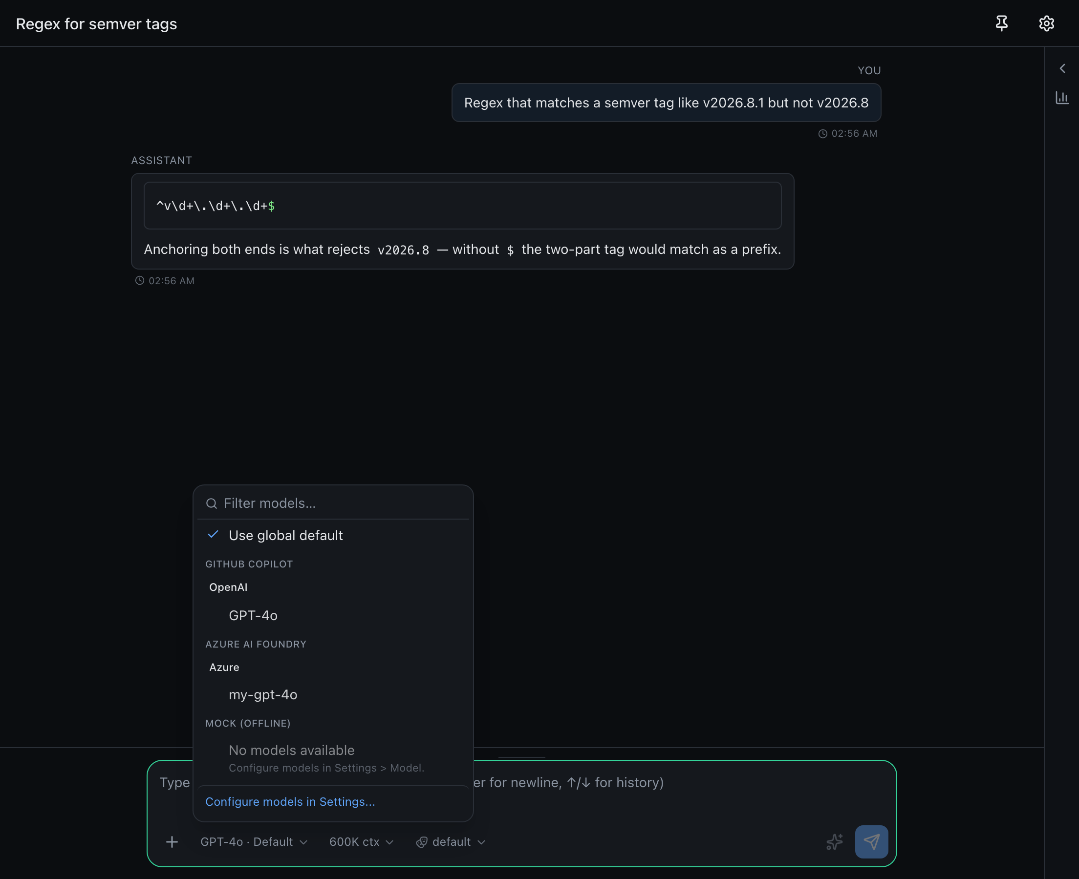 A single model picker grouping GitHub Copilot and Azure AI Foundry models