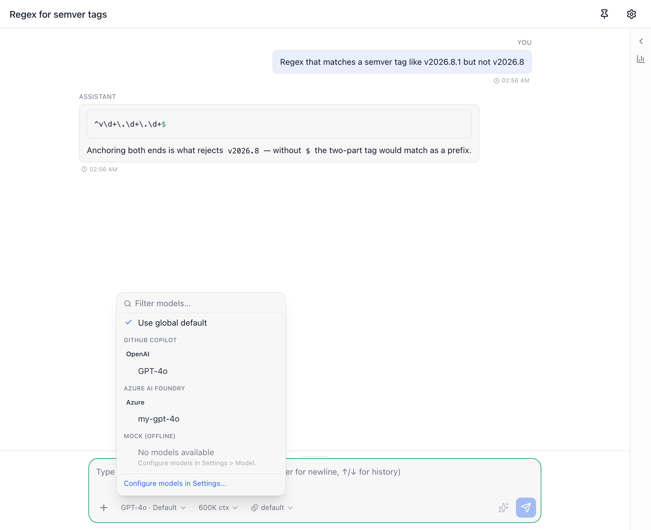 A single model picker grouping GitHub Copilot and Azure AI Foundry models