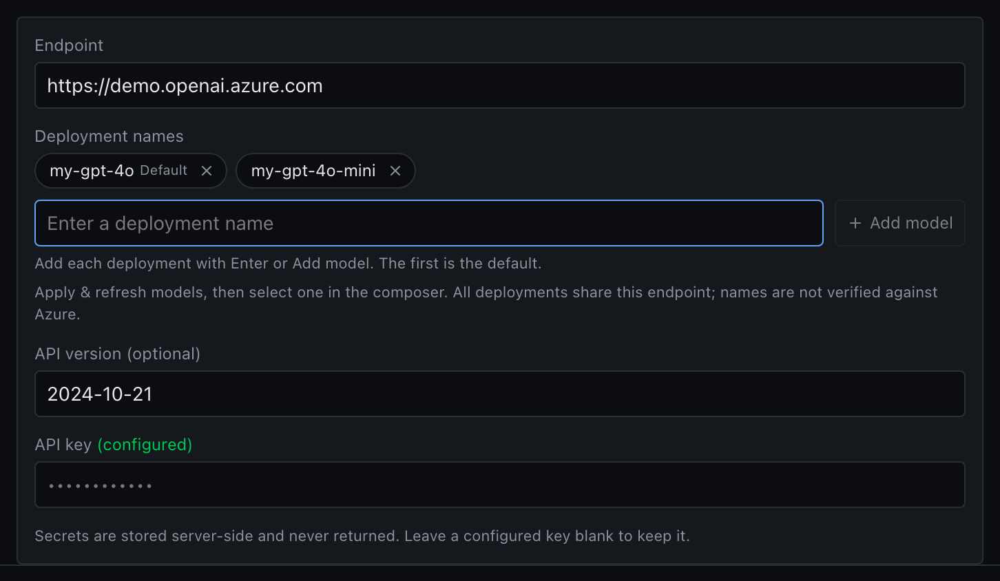 Azure AI Foundry settings with removable model bubbles and an Add model input