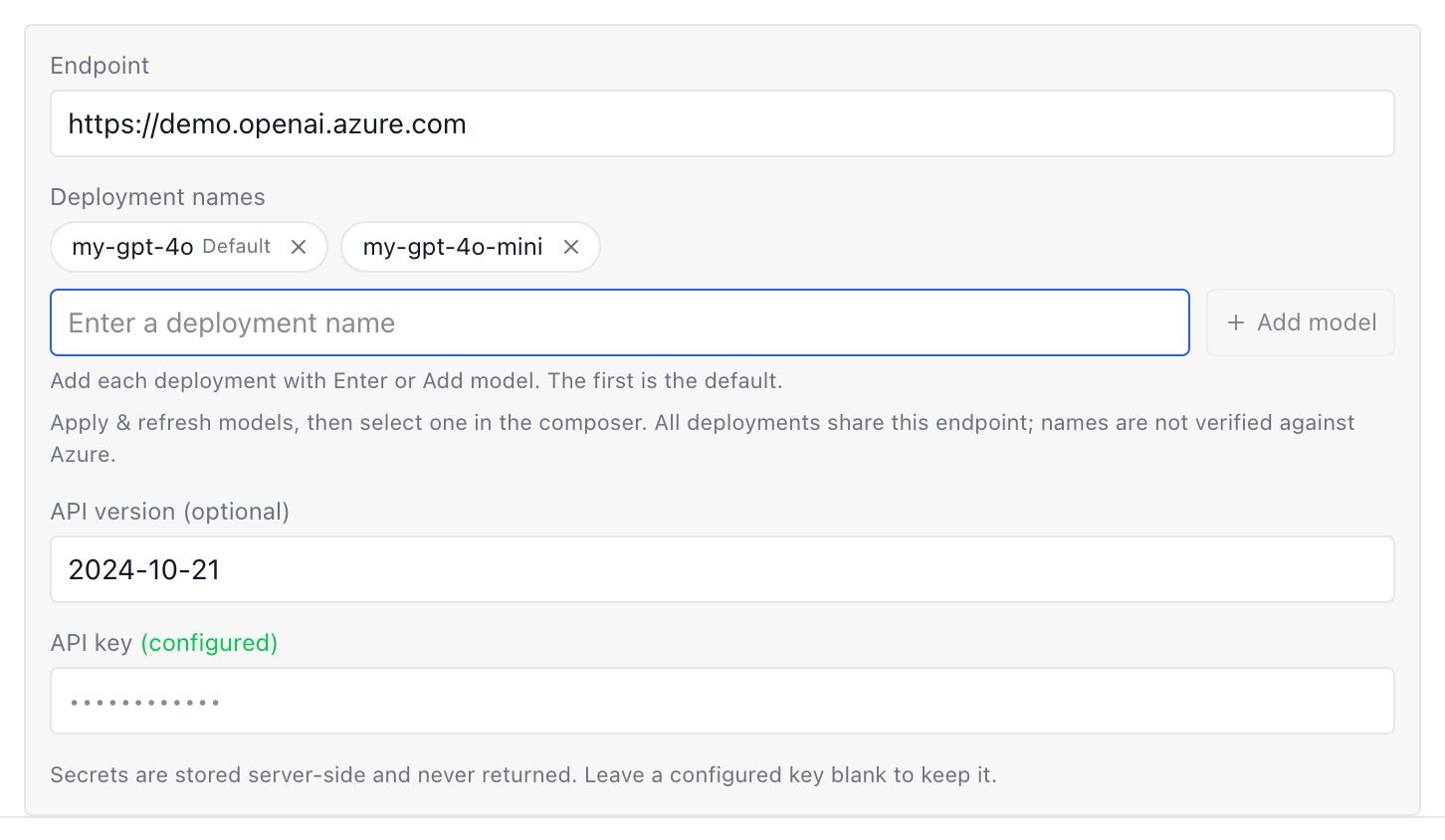 Azure AI Foundry settings with removable model bubbles and an Add model input