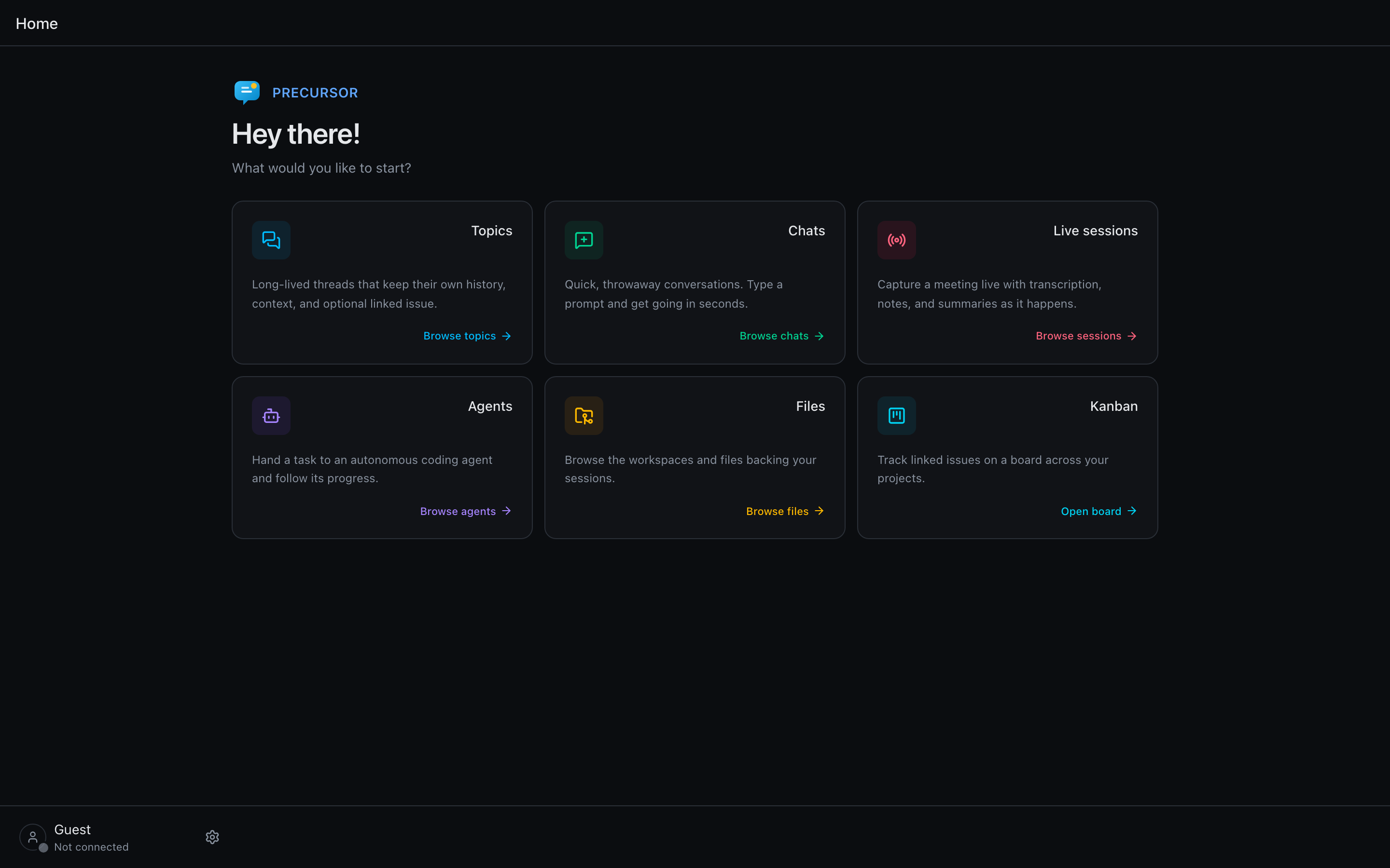 Precursor home page (dark)