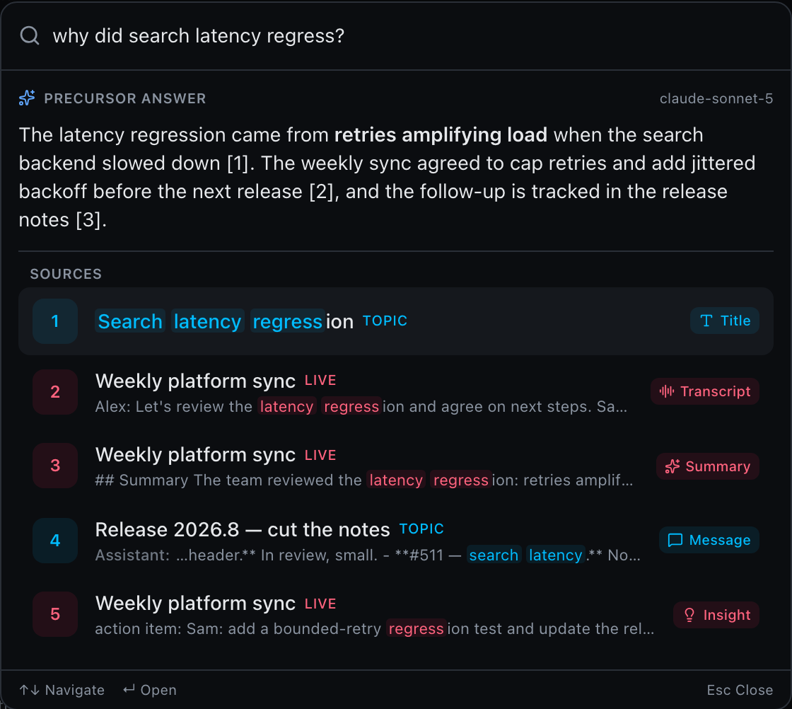 The command palette in Ask mode: a short answer about a latency regression with numbered citations, followed by the numbered source list (a topic, a live transcript and summary, a release topic message and a meeting insight)
