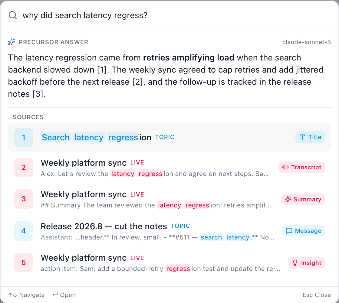 The command palette in Ask mode: a short answer about a latency regression with numbered citations, followed by the numbered source list (a topic, a live transcript and summary, a release topic message and a meeting insight)