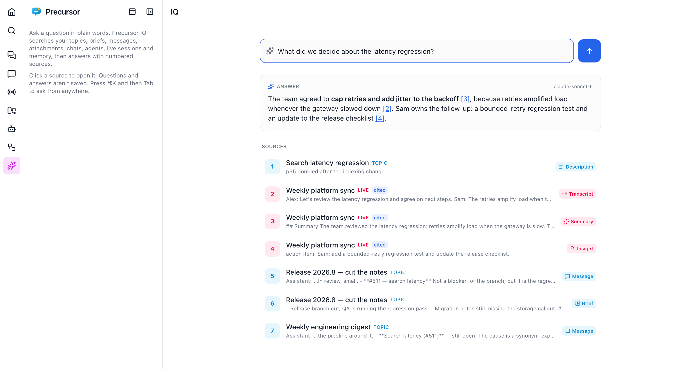 The IQ section: a question about the latency regression, a short answer with numbered citation links, and eight numbered sources (topics, a live session's transcript, summary and insight, release messages and a brief), three of them marked cited