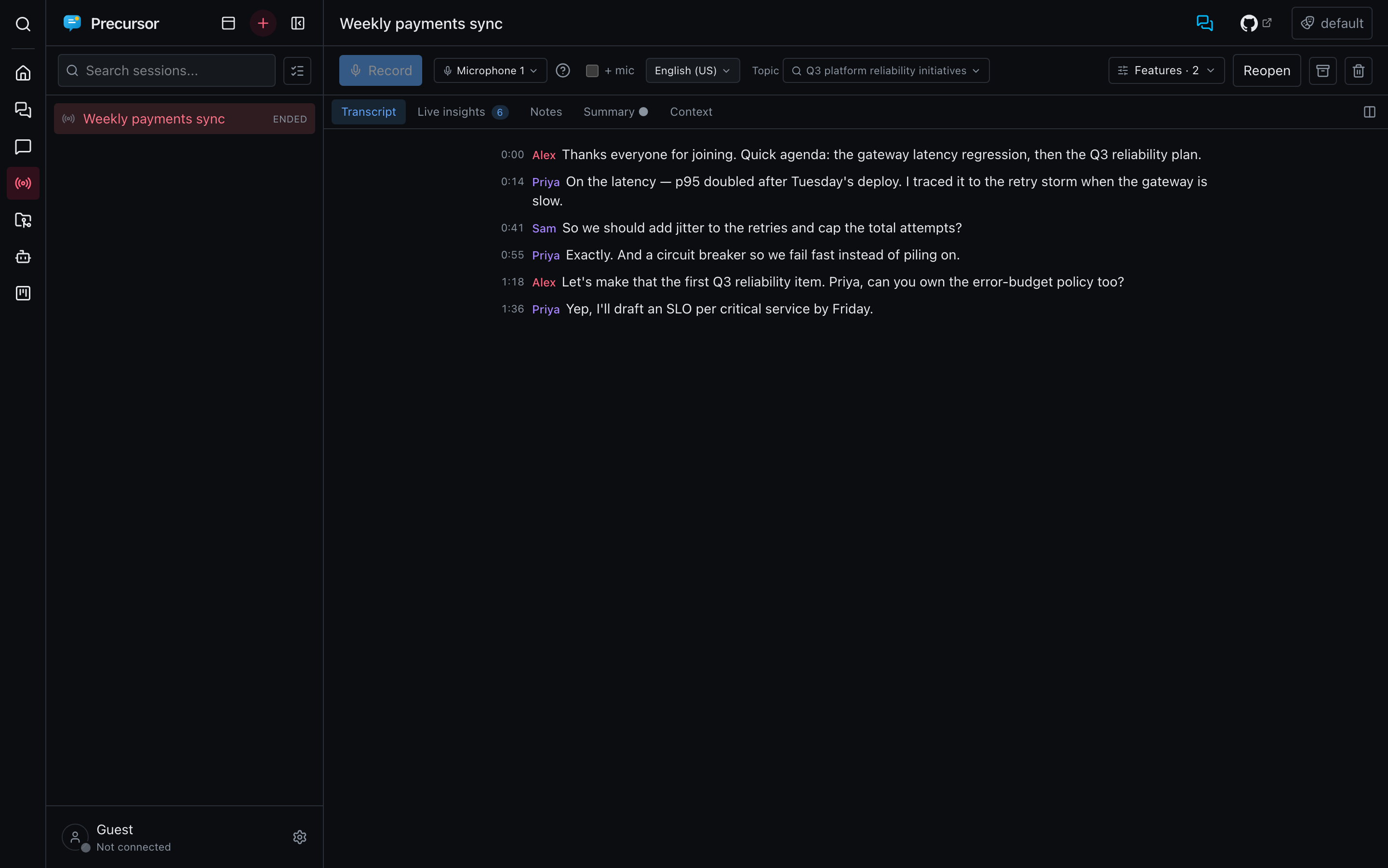 A live session with a speaker-labeled transcript on the left and live insights on the right