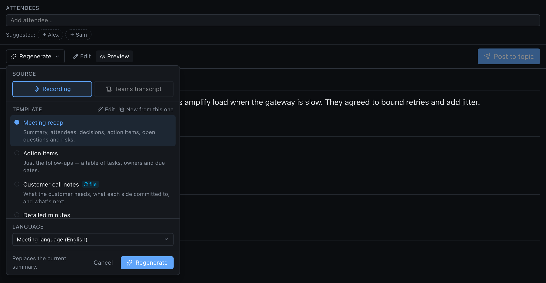 The Generate panel under the Summary tab's button: a Recording / Teams transcript source choice, the list of summary templates including a custom one marked as a file, and the language picker