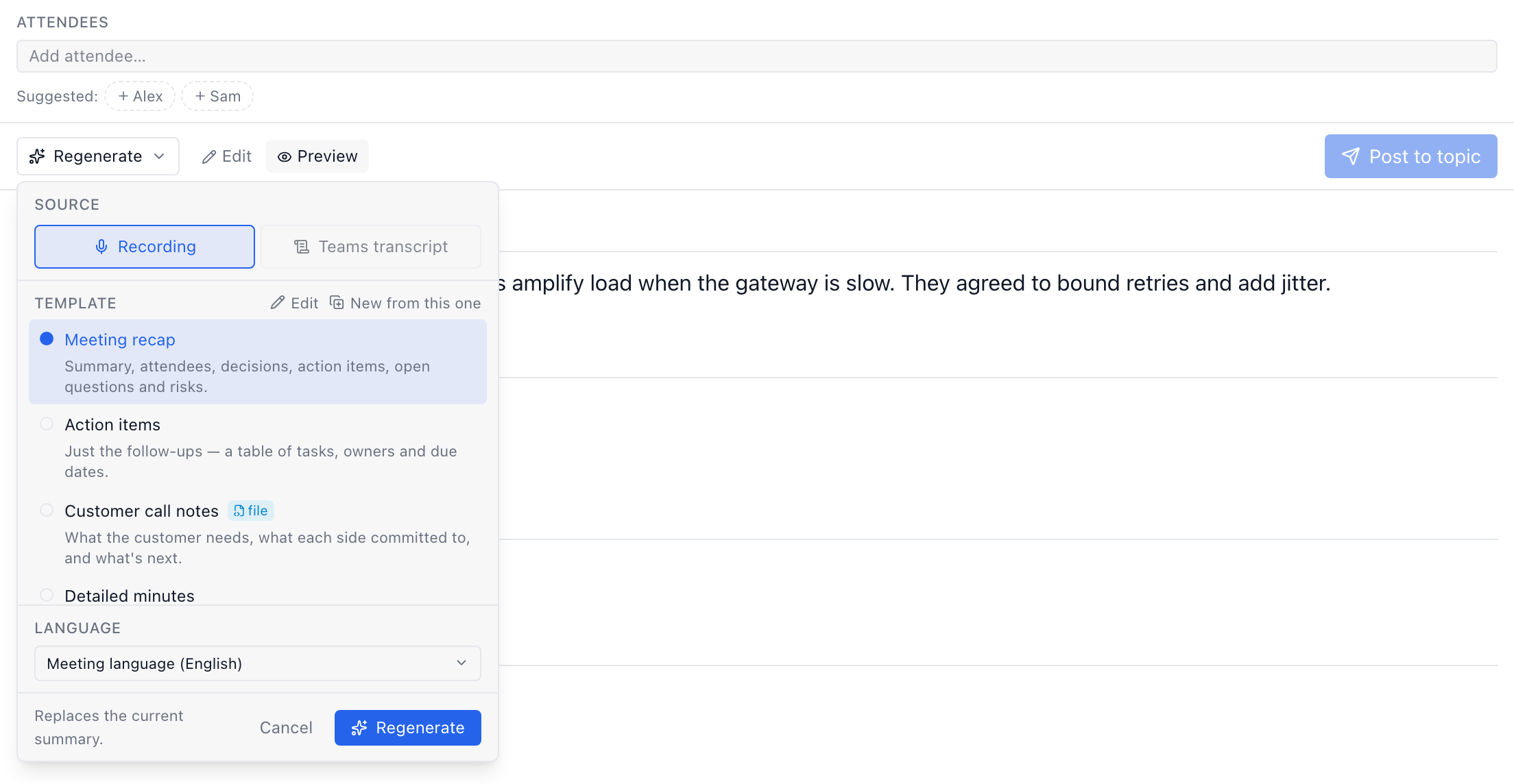 The Generate panel under the Summary tab's button: a Recording / Teams transcript source choice, the list of summary templates including a custom one marked as a file, and the language picker