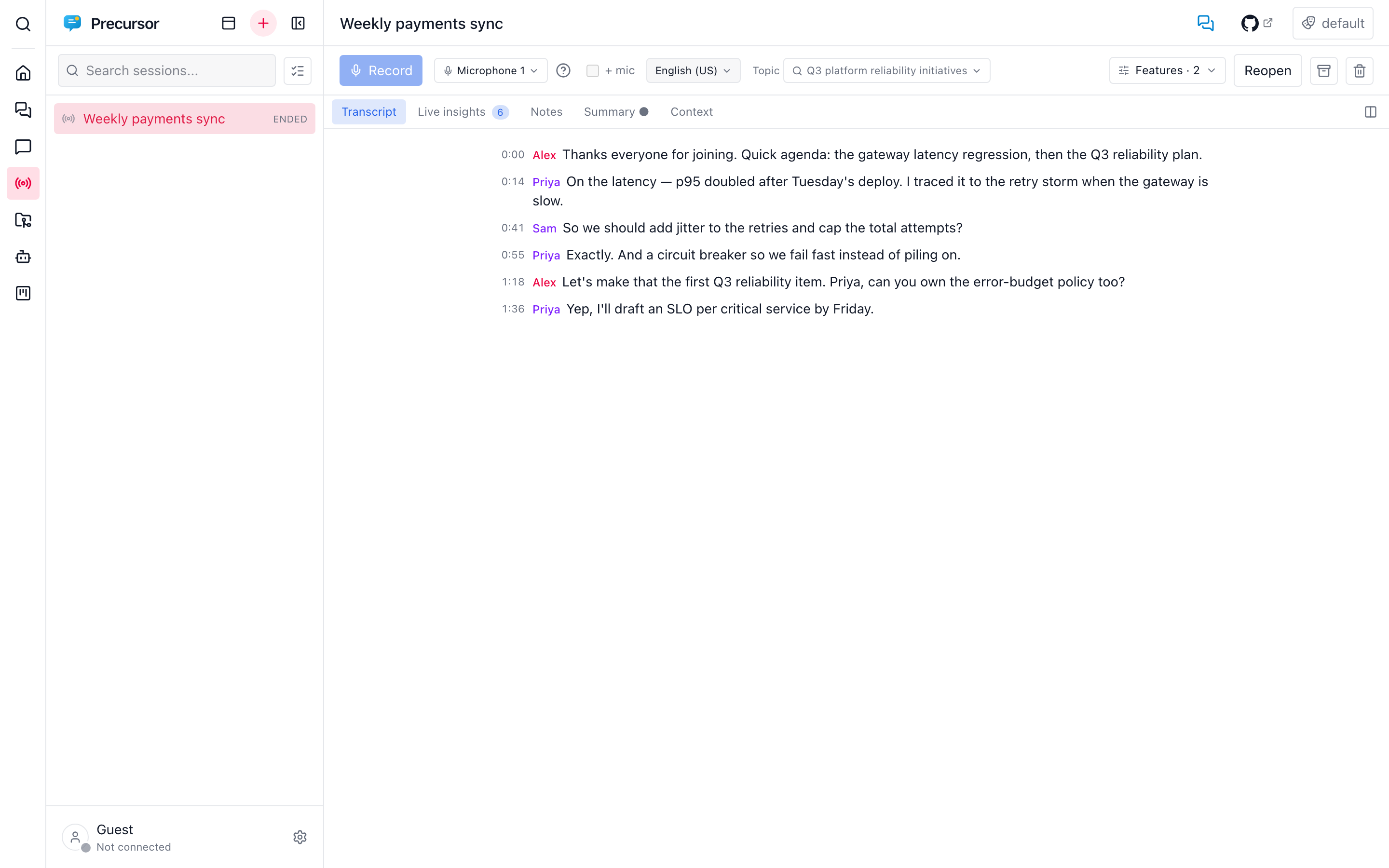 A live session with a speaker-labeled transcript on the left and live insights on the right