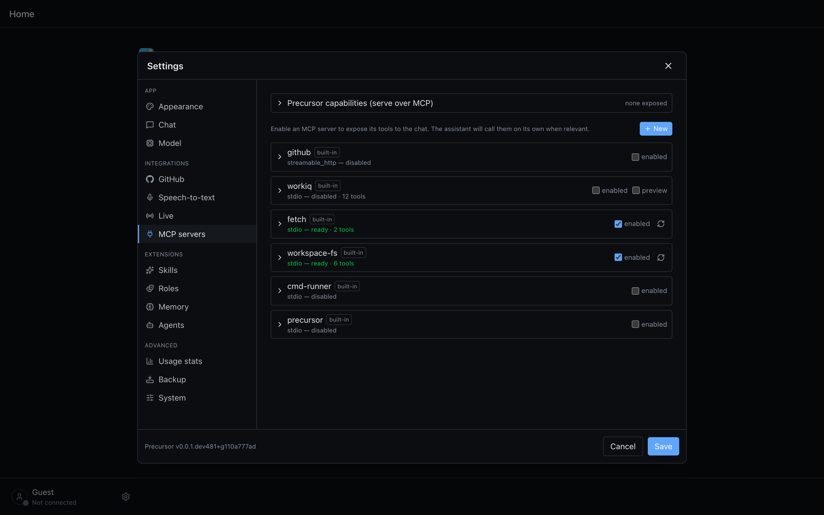 The MCP settings tab with toggles for built-in tool servers