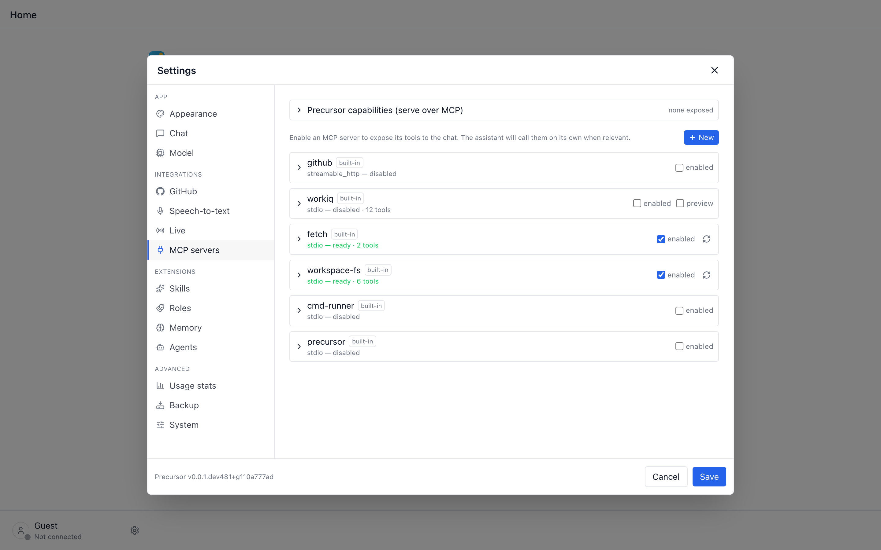 The MCP settings tab with toggles for built-in tool servers