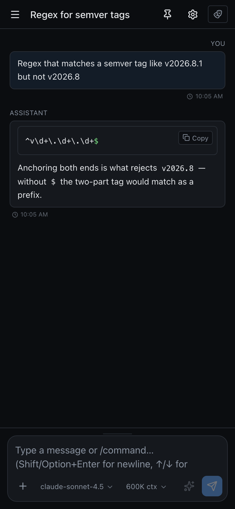 Precursor on a phone-sized screen: a conversation using the full width, with a hamburger button in the header and the composer pinned to the bottom