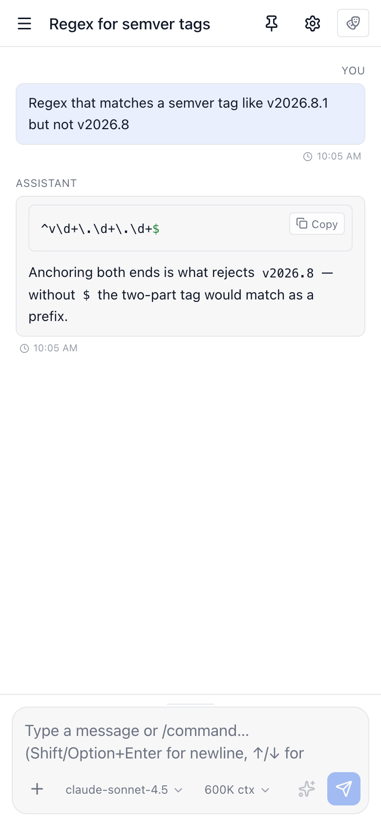 Precursor on a phone-sized screen: a conversation using the full width, with a hamburger button in the header and the composer pinned to the bottom