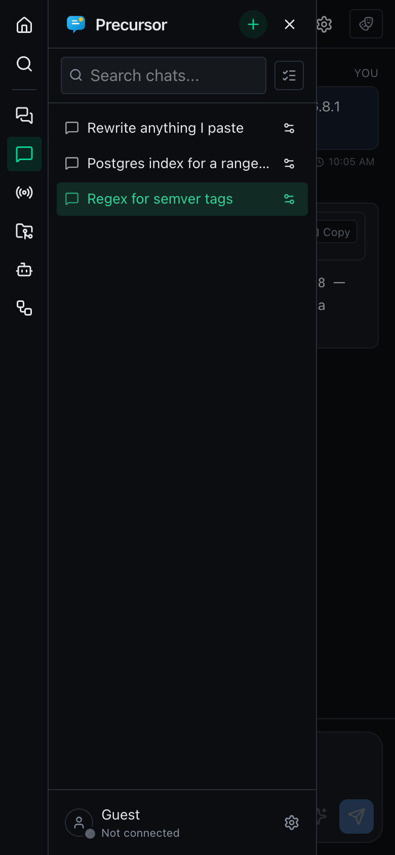 The navigation drawer open over a conversation on a phone, showing the section rail, a chat search box, the chat list and the persona footer