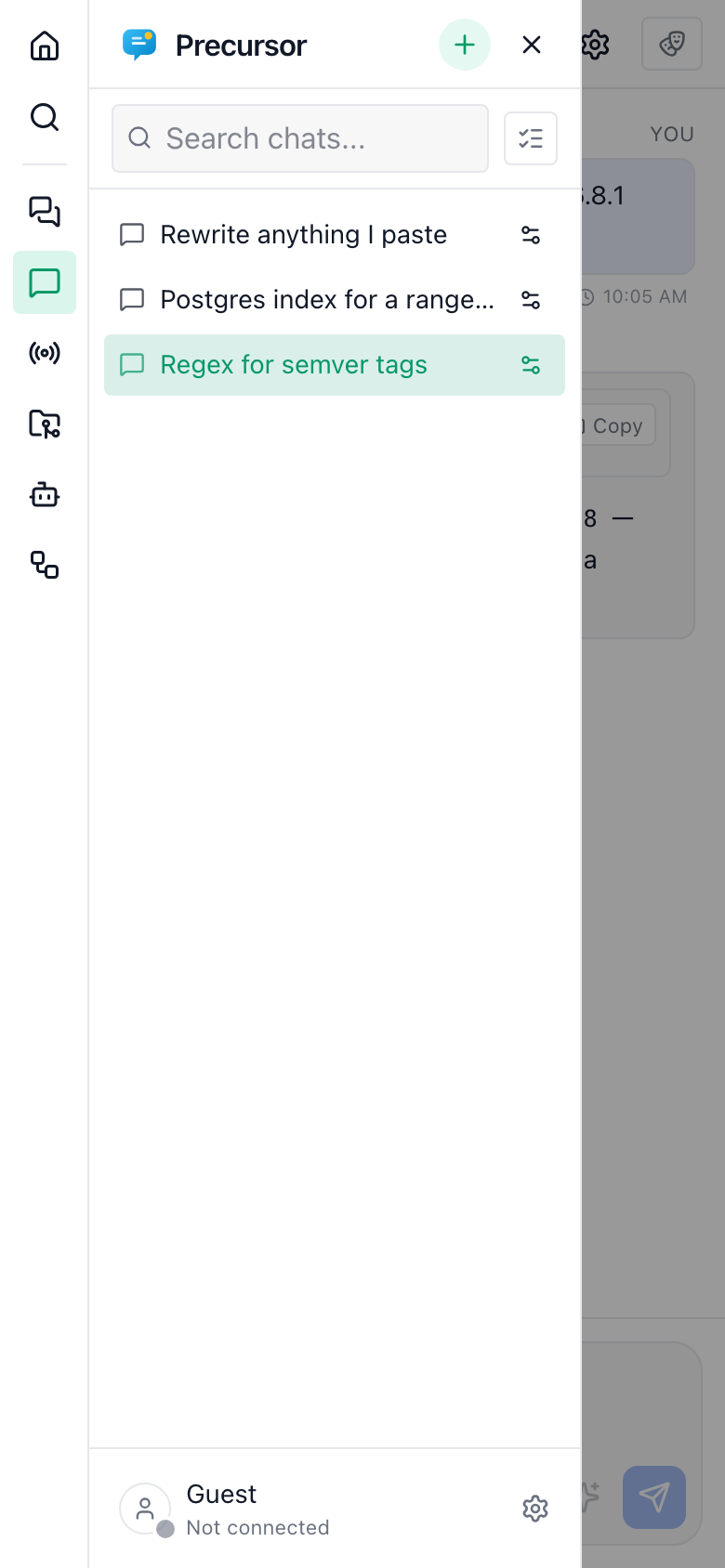 The navigation drawer open over a conversation on a phone, showing the section rail, a chat search box, the chat list and the persona footer