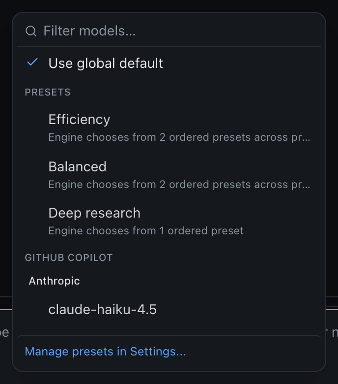 Prompt model dropdown with selectable Efficiency, Balanced and Intelligence categories
