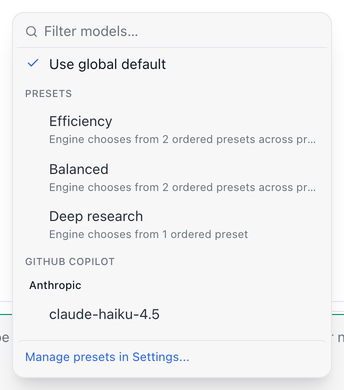 Prompt model dropdown with selectable Efficiency, Balanced and Intelligence categories