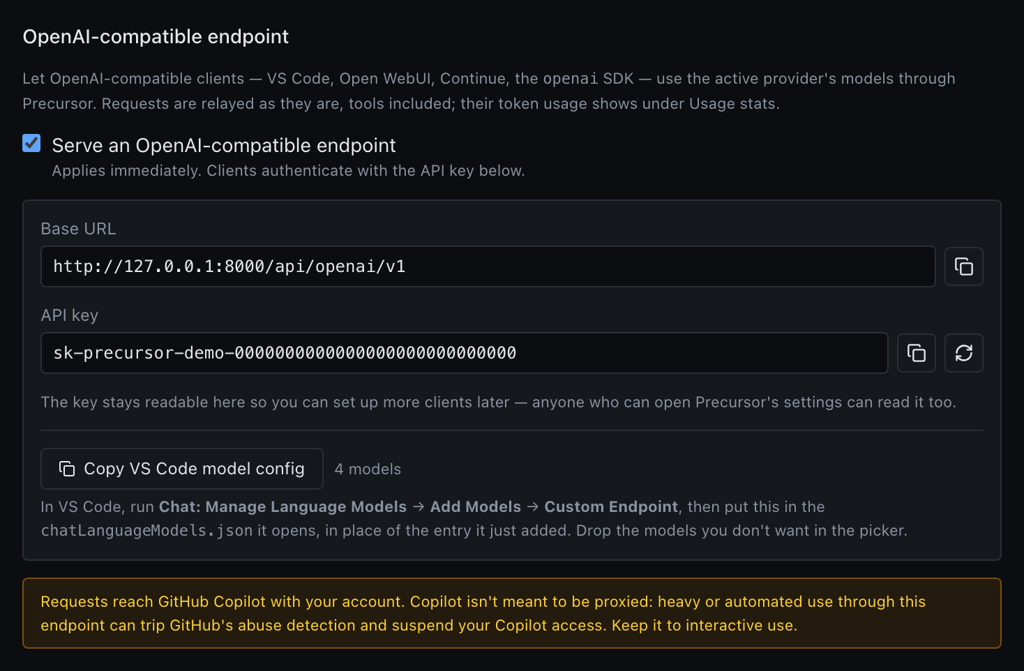 The OpenAI-compatible endpoint card in Settings → Model, switched on, showing the base URL, the API key and a Copy VS Code model config button