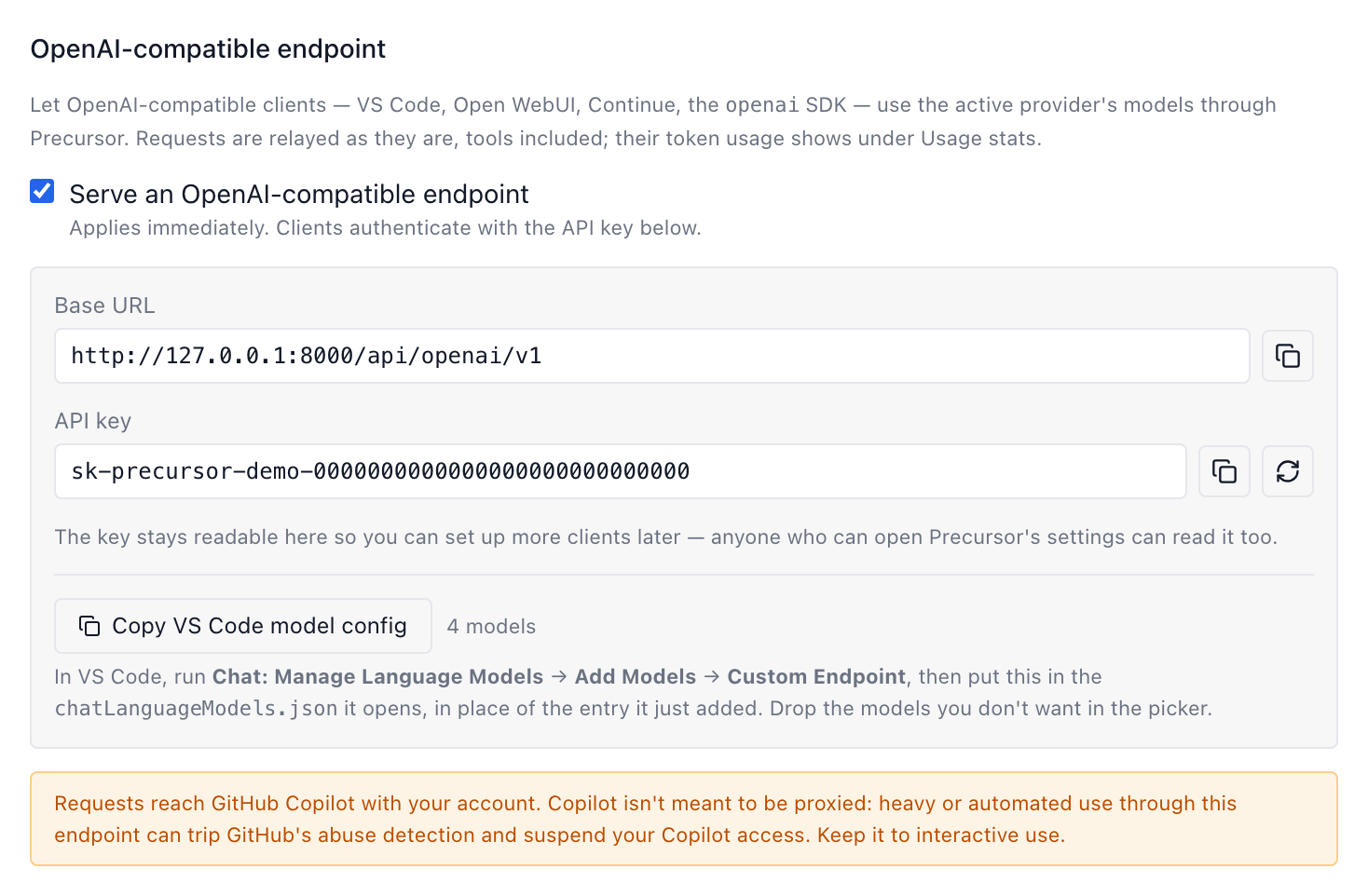 The OpenAI-compatible endpoint card in Settings → Model, switched on, showing the base URL, the API key and a Copy VS Code model config button