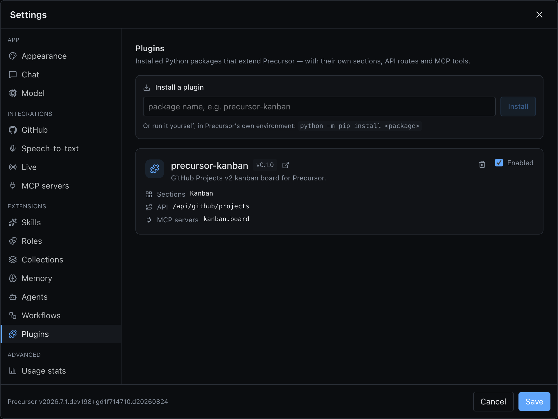 The Plugins settings panel listing precursor-kanban with its sections, API routes and MCP servers