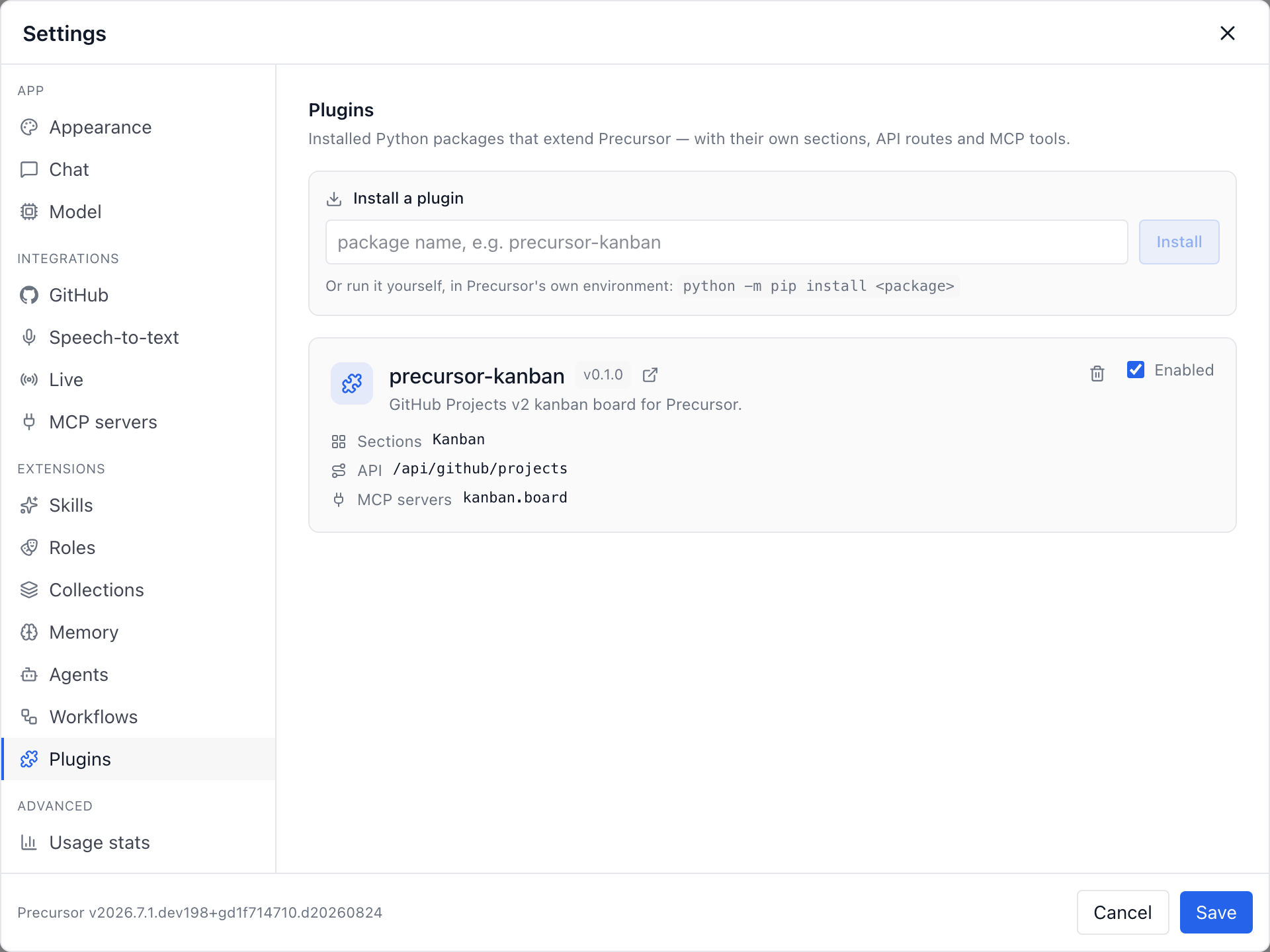 The Plugins settings panel listing precursor-kanban with its sections, API routes and MCP servers
