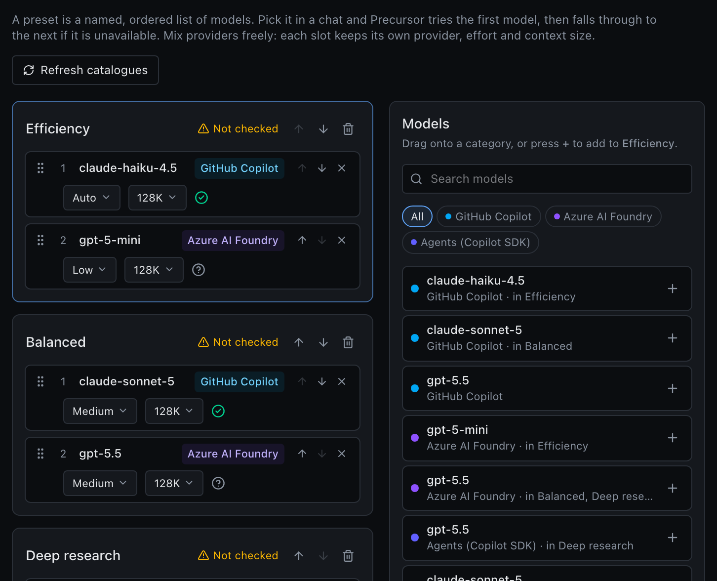 Presets tab with category cards on the left and a searchable model palette on the right