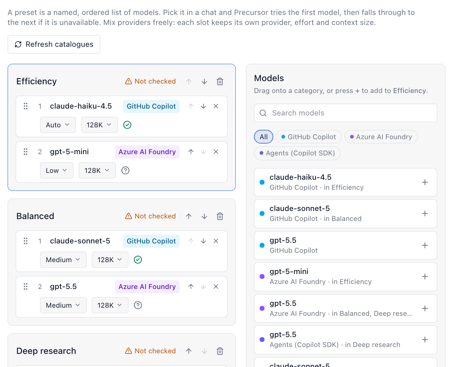 Presets tab with category cards on the left and a searchable model palette on the right
