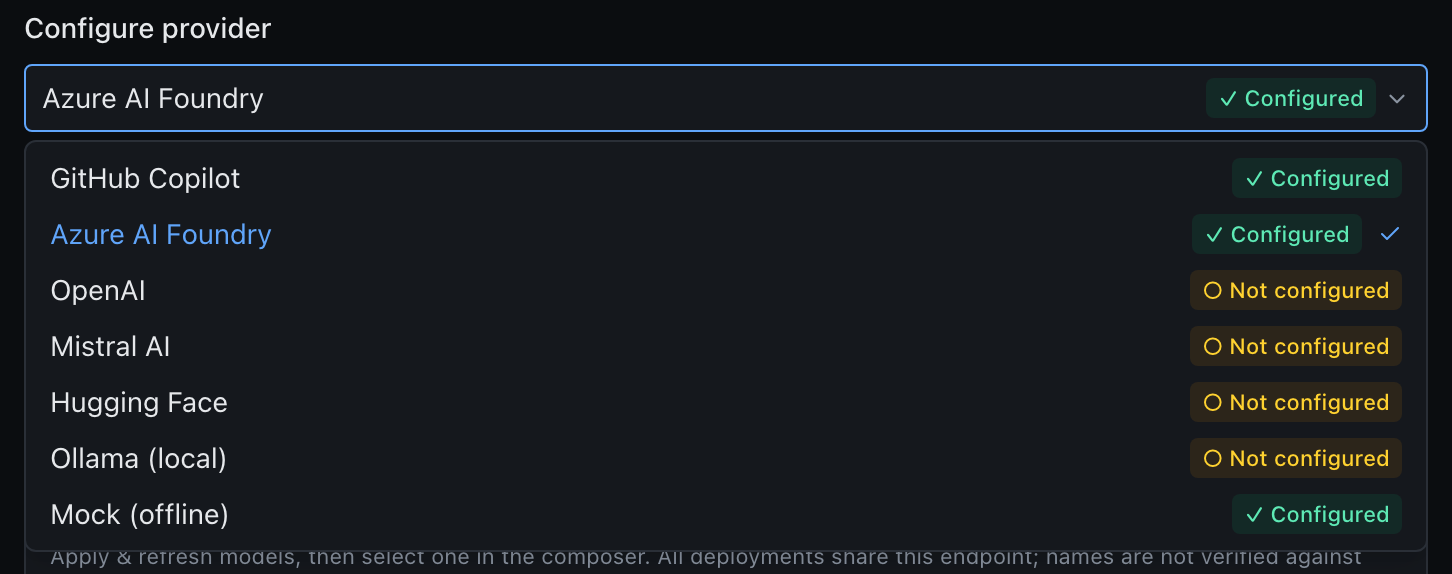 Provider configuration picker with green configured and amber not-configured badges