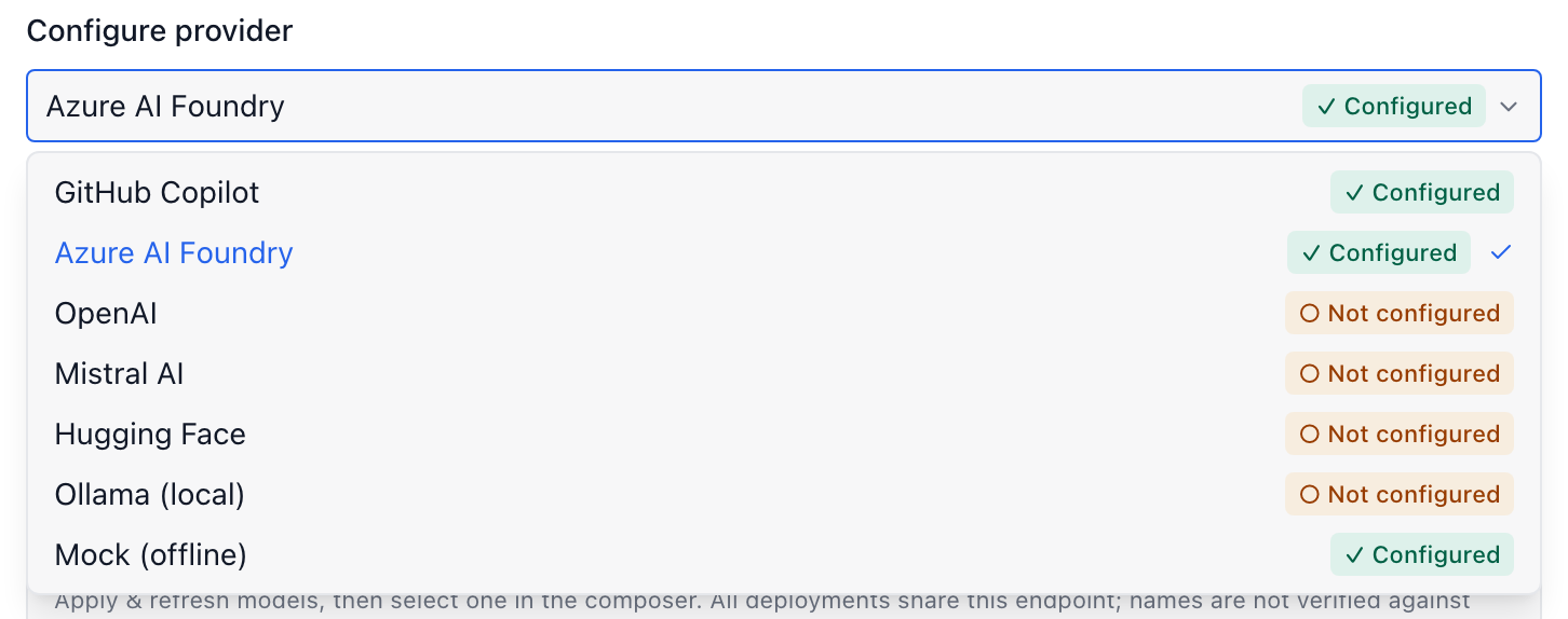 Provider configuration picker with green configured and amber not-configured badges