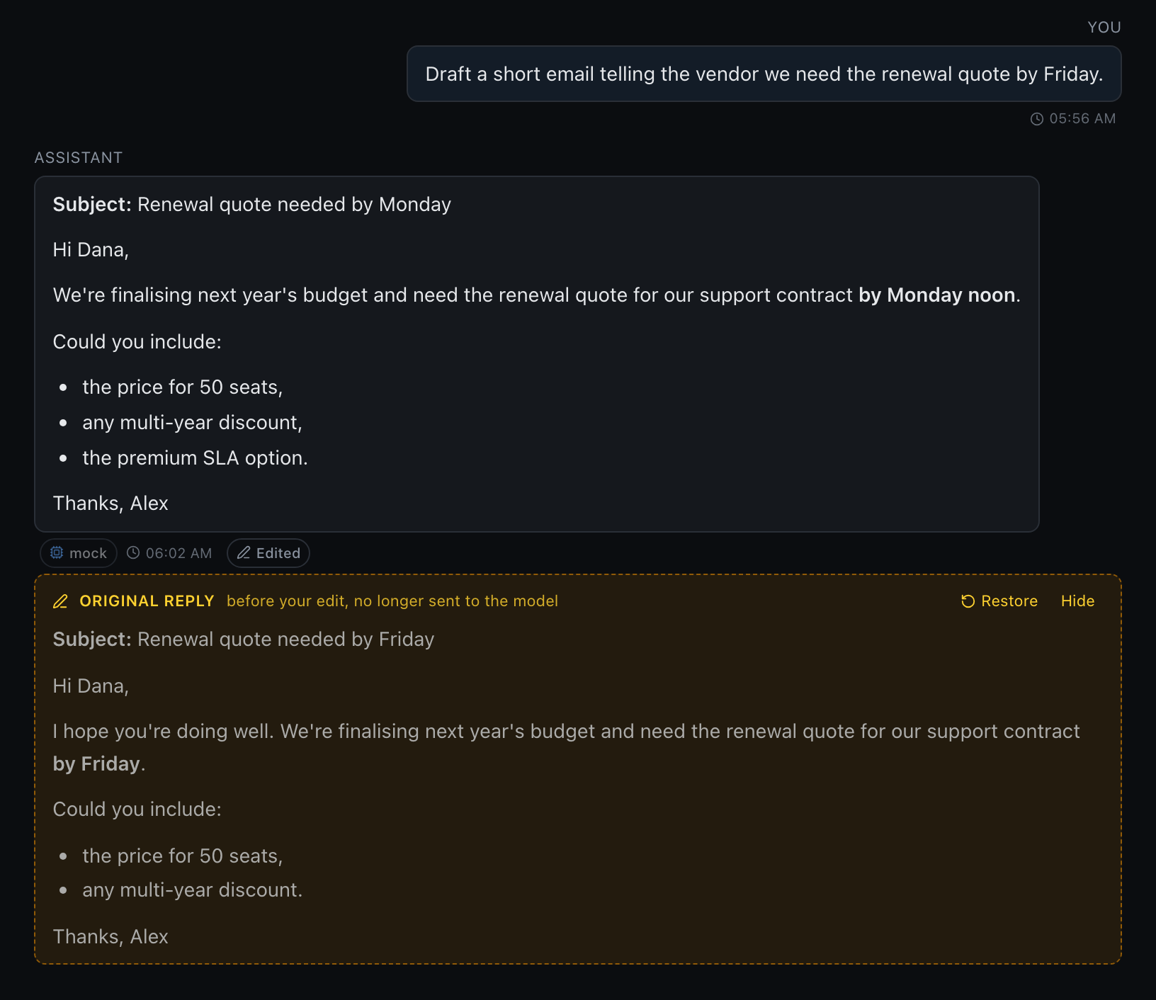 An edited email draft with its original reply shown below in an amber block, with Restore and Hide buttons